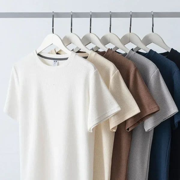 Mens T-Shirts Summer Waffle Round Neck Short Sleeve T-Shirt Comfortable Breathable Short-Sleeved Tops Tees 260507