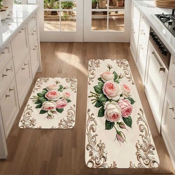 Rose Flower Bouquet Kitchen Rug Set 2D Flat Print Non-Slip Pink Swirls Vintage Romantic Floor Mat for Bedroom Bathroom DecorT260507