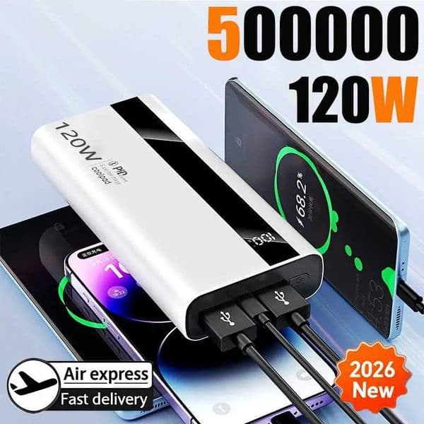 120W 500000mAh Power Bank High Capacity Super Fast Charging Power Bank Portable Battery Charger For iPhone 260427