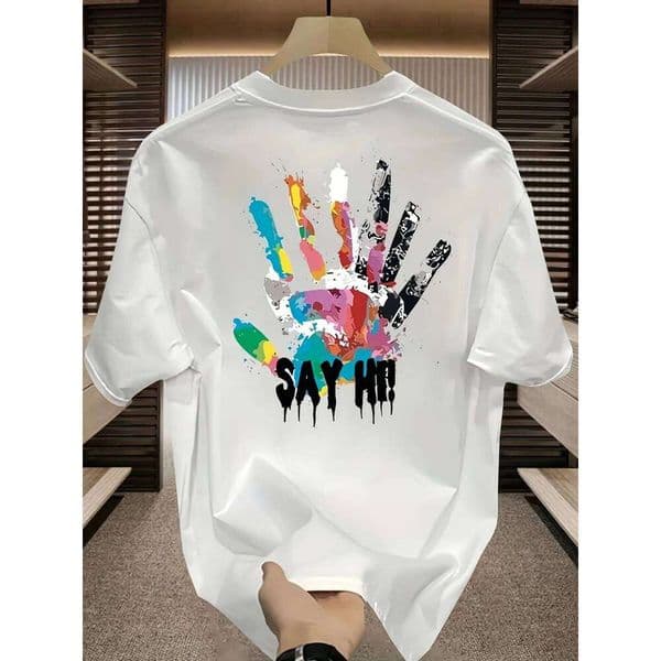 2026New Men's Summer 100 Cotton Fashionable Casual Sports Loose Large Size Color Handprint Round Neck Short Sleeve T-shirt Top 26H0507