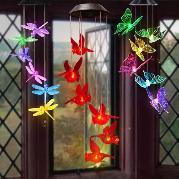 1Pc Outdoor Solar Garden Multicolor Wind Chime Lights North American Butterfly Dragonfly Hummingbird and So On w260429