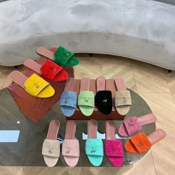 L Luxury Designer Shoes 2026 Women's Open Toe Suede Slides, Bowknot Lock Ornament Flat Slippers for Casual Daily Wear Girlfriend's Daughter's Birthday Gift Size 35-42