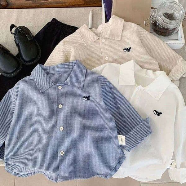 2-7Y Kids Shirts Small Fish Embroidery Stripe Boy Cardigan Cotton Turn-down Collar Children's Clothing Long Sleeve Shirt Blouses 26W0507