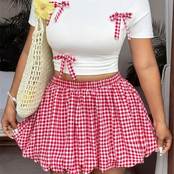 Plus size vacation spring and summer Spice Girls Plaid Butterfly Knot Short Sleeve Pod Skirt Slim Set Fashion y260430