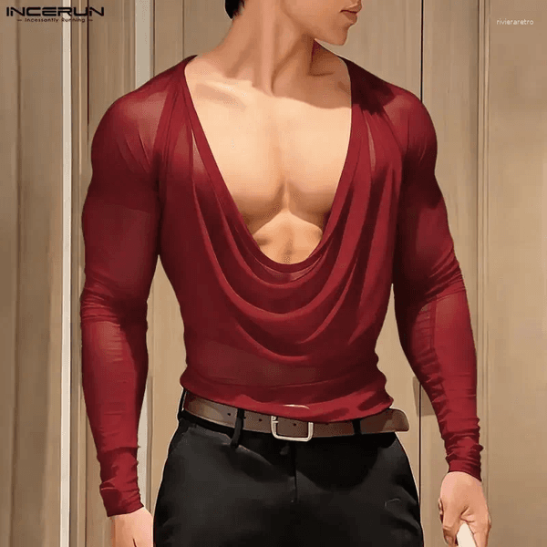 Men's T Shirts INCERUN Men Shirt Mesh See Through Sexy Long Sleeve Casual Male Tee Tops Party Nightclub Streetwear Fashion Clothing S-5XL