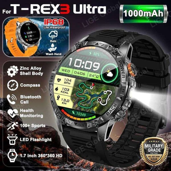 LIGE New For T-Rex 3 Ultra Smart Watch 1000mAh Battery IP68 Waterproof Compass Flashlight Sports Tracker Smartwatch Men 26Y0507