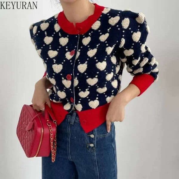 Color Contrast Love Jacquard Knitted Cardigan Women New 2024 Autumn Winter Korean Sweet Slim Puff Sleeve Single Breasted Sweater Mdng260508
