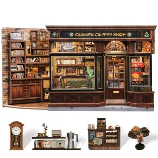 Corner Coffee Shop DIY Miniature 3D Wooden Kit for Adults Book Nook Tiny House Bookshelf Decor Brown Wood Compact 26Y0508