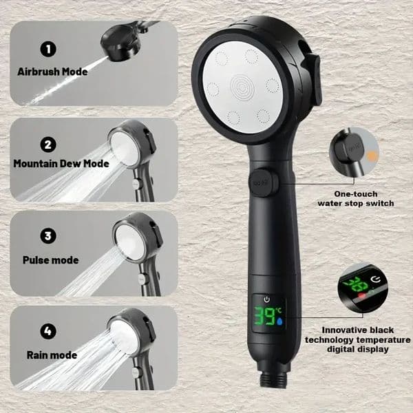 High Pressure Shower Head LED Temperature Display Shower Heads 4 Modes Water Saving Adjustable One-Key Stop Bathroom Sprayer 260508