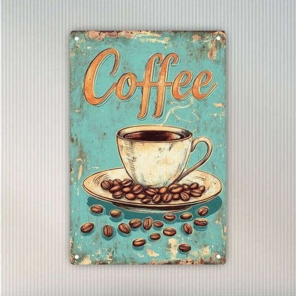 Vintage "Coffee" Metal Sign - Rustic Teal Wall Decor with Steaming Cup Coffee Beans Design, Aluminum, Waterproof & Dust-Resis 26Y0507
