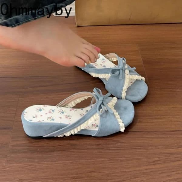 Sweet Butterfly-knot Summer Women Slippers Fashion Wedges Heel Dress Shoes Outdoor Height Increase Open Toe Vacation Slides 260508