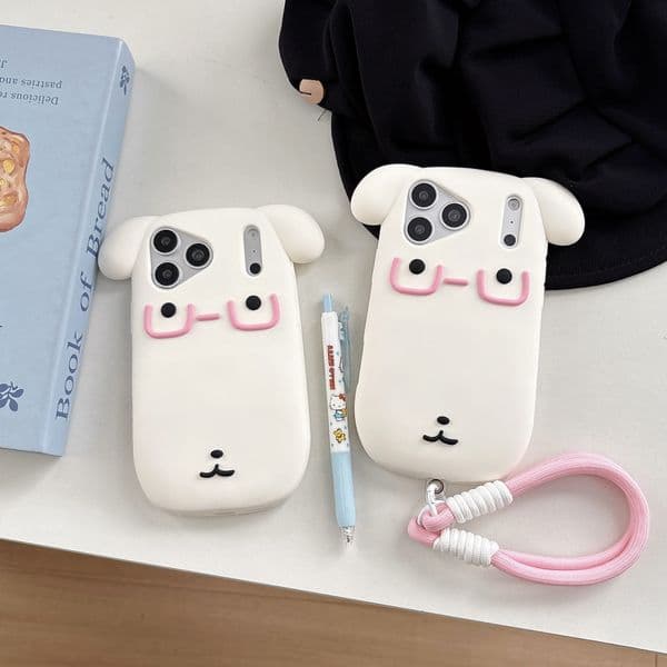 Kawaii 3D Cartoon Dog Phone Case for iPhone 17 12 13 14 15 16 Pro Max Cute Shockproof Soft Silicone Back Cover With Handstrap Z260522