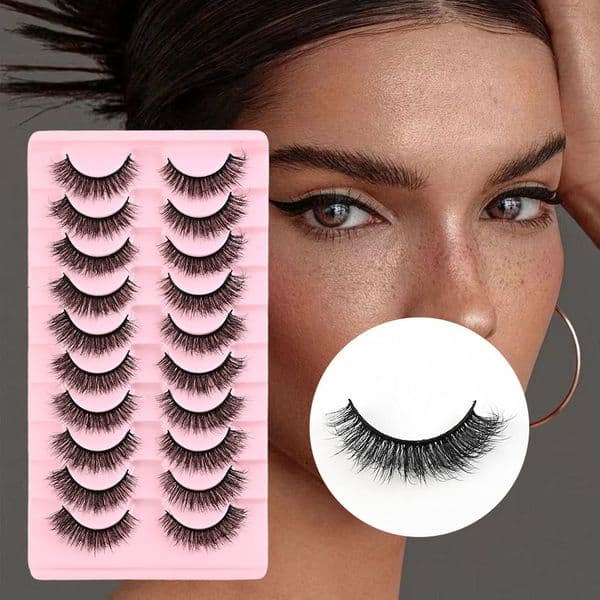 3D Faux Mink False Eyelashes Natural Look - 10 Pairs Fluffy Wispy Strip Lashes Soft Lightweight Easy to Apply Reusable Handmade Eyelash Extensions Accessory