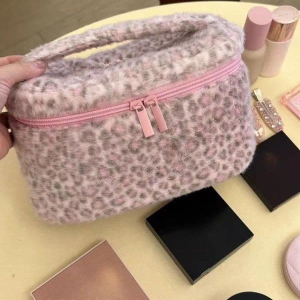 Cosmetic Bags Ladies' Bag Plush Leopard Cute Kawaii Makeup Fashion Hand-held Large Capacity Multifunctional Storage Pouch