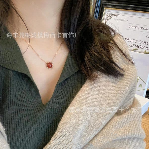Designer Jewelry van cleeff necklace Plated colorful diamond-studded round bead necklace with red agate pendant and turquoise peacock green earrings