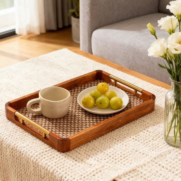 Wood Rattan Tray Gold Handles Rounded Edges 177x118 Multi Use Coffee Table Kitchen Bedroom Storage 260507