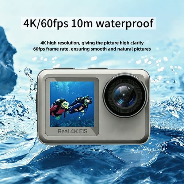 4K/60fps Dual Screen Action Camera, WiFi Enabled, 10m Body Waterproof 30m with Case, EIS Stabilization Sports Cam for Vlog Diving