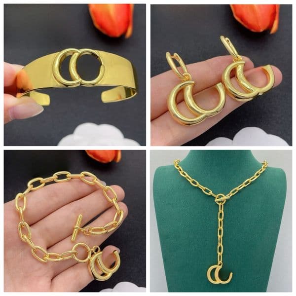 18K Gold Plated Luxury Wide Open Cuff Bangle Vintage Designer Bracelet for Men Women Classic Minimalist Design Jewelry Set with Logo