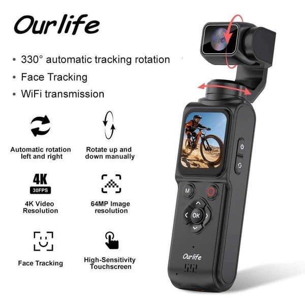 Ourlife 4K Action 330 Face Tracking Gimbal Stabilizer 1.72 Inch Touch Screen 64MP Pocket Digital Camera WiFi Sports Cam 26H0505