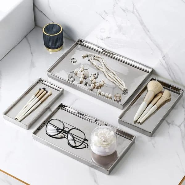 Silver Ceramic Trays y Jewely Rectangular Decorative Storage Trays Modern Home Living Room Decor Organizer Plate Mirrors 260507