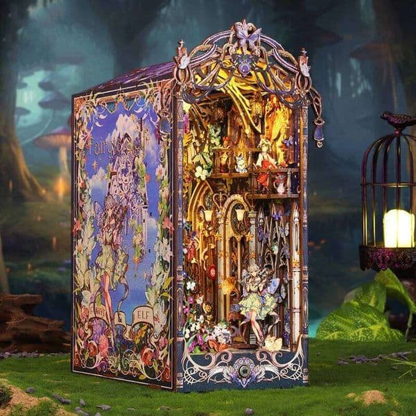 DIY Book Nook Wooden Miniature Model Kit Fairy Tale Elf Castle Casa Bookend Assembled 3D Bookshelf Home Decor Gifts 26Y0508