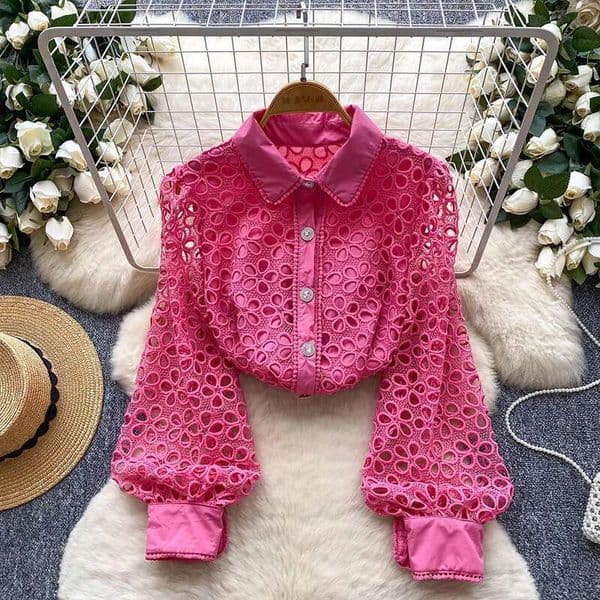 French Chic Blouse For Women Sales 3D Flowers Stand Collar Hollow Out Long Puff Sleeve Autumn Age-Reducing Female Tops