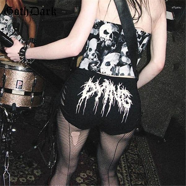 Women's Shorts Goth Dark Grunge Punk Print High Waist Mini Hip Hop Skinny Short Trousers Sexy Hollow Out Bandage Pants Gothic Cloth