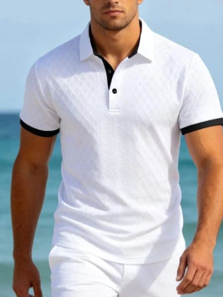Mens Casual Sport Jacquard Color Block Short Sleeve Button Polo Shirt FlipFront Knit Top 260508