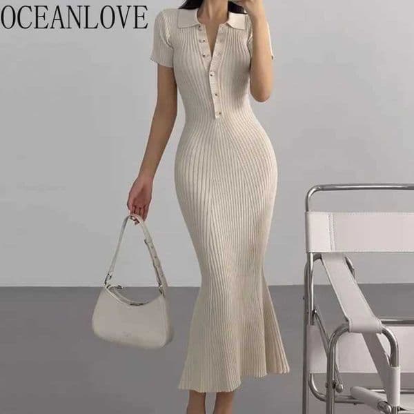 OCEANLOVE Mermaid Ruffles Dresses for Women Knitted Solid Single Breasted Sexy Vestidos Mujer Fashion Spring Summer Long Dress L260508