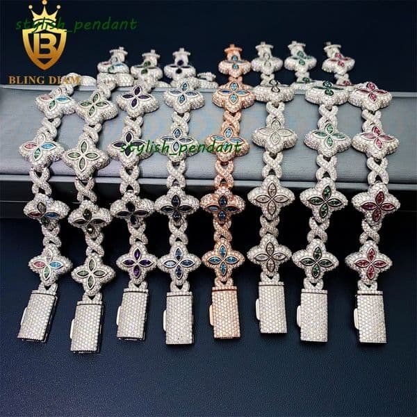 19mm Multiple Options Marquise Cut Flower New Design Colorful 925 Sliver Moissanite 4 Clover Iced Out Bracelet