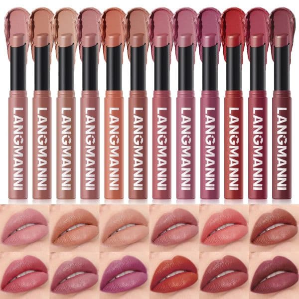12 Colors Matte Lipstick Pen Waterproof Nude Lip Gloss Makeup Long Lasting Non-stick Cup Sexy Women Velvet Red Lip Tint