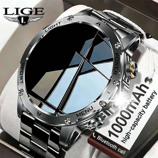 LIGE New Outdoor 1000mAh Smart Watch AMOLED Screen LED Flashlight Heart rate Waterproof BT Call Sports Men SmartWatch 26Y0507