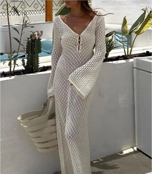 Yiiciovy Sexy Women Long Knit Beach Dress Hollow-Out Deep V-Neck Long Sleeve Bikini Cover-Ups Dress Fall Backless Holiday Dress 260508