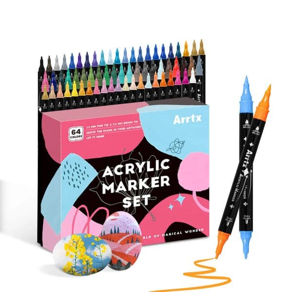 Arrtx 64 Colors Acrylic Paint Pens Brush and Fine Dual Tip Acrylic Markers Water Based Acrylic Marker Supplies for Painting 260508
