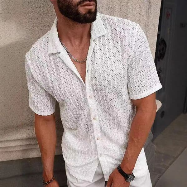 European and American Mens Breathable Hollow Shirt Summer Casual Knitted Short Sleeved Top 260508