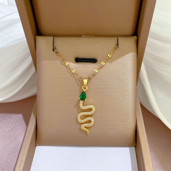 Luxury Brand Designer Jewelry Steel Light Luxury Green Eye Snake Micro Inlaid Real Gold Necklace For Women With Fortune Beads Ins Style Internet Celebrity Coll