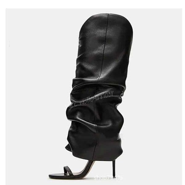 One Strap High-Heeled Open Toe Summer Long Boots Women One Foot Kick Plus Size Pleated Leather Knee High Boots Cool Shoes Q260508