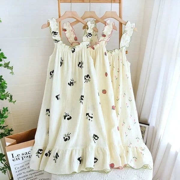 100 Cotton Crepe Floral Print Pajamas Nightdress Ladies Suspender Comfortable Sweat Absorption Loose Nightwear Women 260508