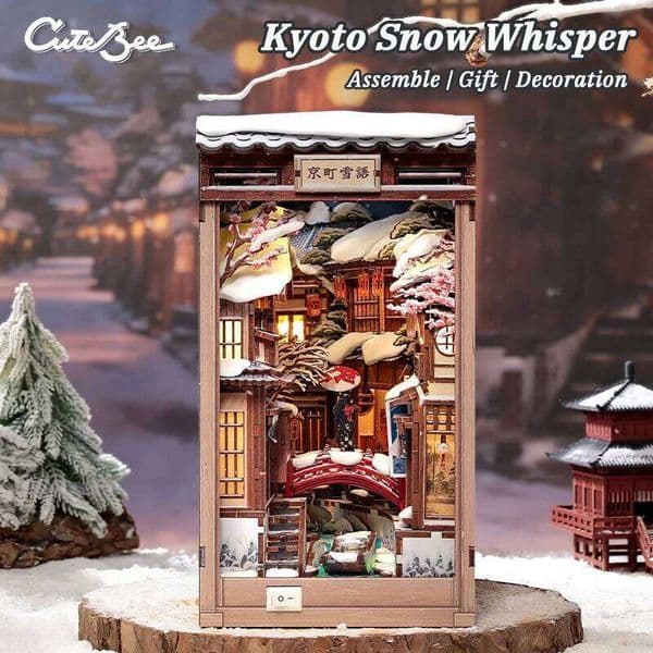 CUTEBEE Kyoto Snow Whisper DIY Book Nook Kit Miniature Dollhouse Wooden Bookshelf Insert Home Decor Creative Gift Idea 26Y0508