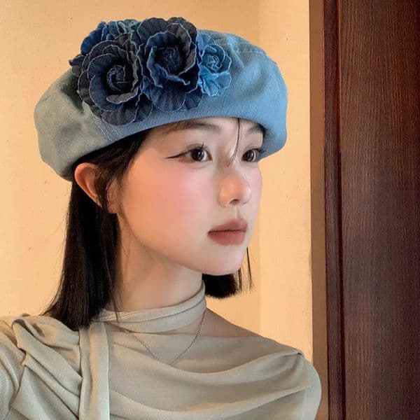 Blue Flower Denim Beret Hats for Women Fashion Solid Color Octagonal Caps Korean Girl Artist Painter Caps260428