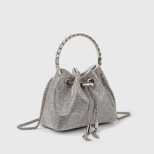 OLOEY Women's Acrylic Shoulder Bucket Bag, Classic Full Rhinestone Alloy Tassel Chain Handheld Banquet Bag Beaded Bucket Bag