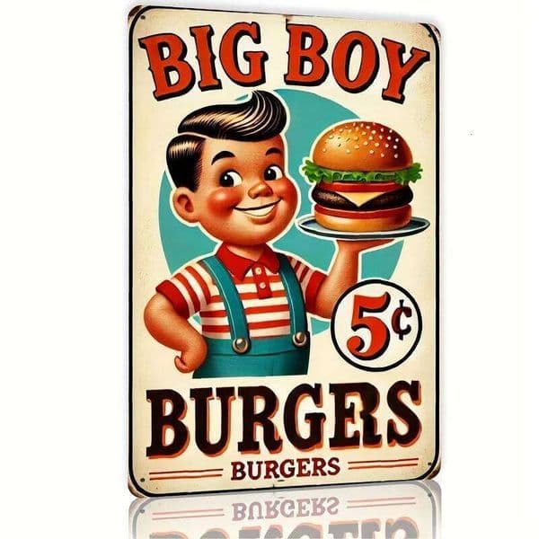 "Big Burgers" Retro Style Metal Wall Art Sign - Diner Decor with Classic Burger Boy Illustration, Easy to Hang, Durable 26Y0507