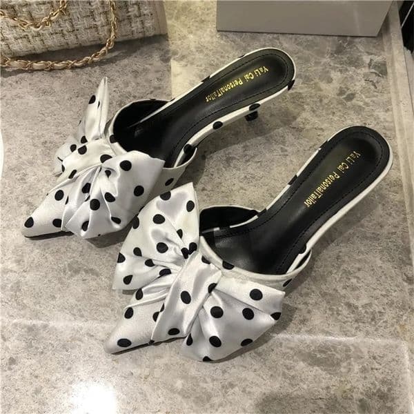Spring Pointed Toe Stiletto Heel Kitten Heels Bow Heel-Free Slippers for Women i260507