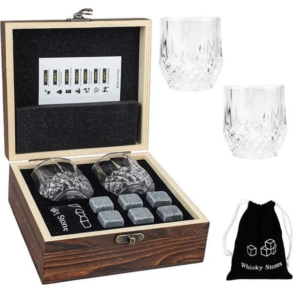 Fathers Day Gift for Men Whiskey Stones Glasses Set Granite Ice Block for Whisky in Wooden Bottle Box Present for Dad Husband 260508