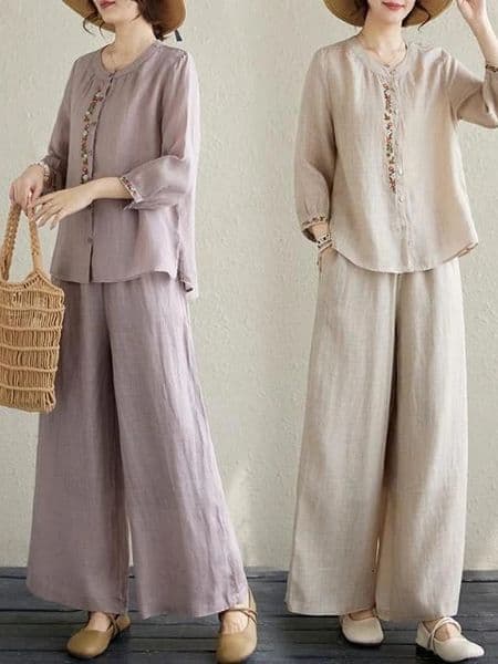Ladies Large Size Spring Cotton Linen Set Casual Embroidered Top Faionable Two Piece Suit Mom Sle Chinese National Trend 260506