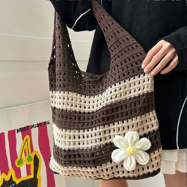Womens Aesthetic Contrast Color Knitted Shoulder Bag Hollow out Stripe Tote Handbag Woven Female Knitting Fashion Accessory H260508