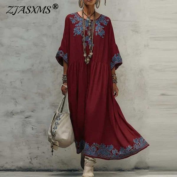 Bohemian Elegant Floral Print Flowy Long Dresses Woman Spring Crew Neck Loose Maxi Dress Summer Casual Half Slve Holiday Dress L260508