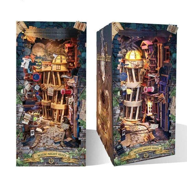 DIY Wooden Book Nook Shelf Insert Kit Miniature Building Kits Magic Night Alley Bookshelf with LED Lights Bookends Friends Gifts 26Y0508