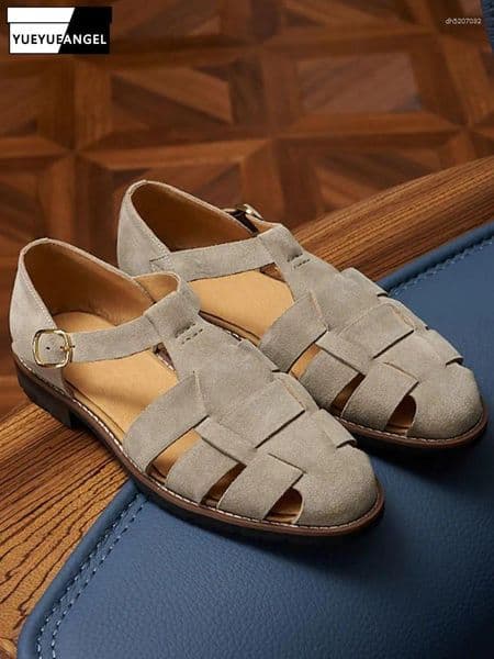 Sandals Mens Handmade Buckle Strap Cowhide Trend British Breathable Fashion Shoes Nubuck Leather Hollow Out Solid Comfortable