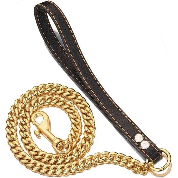 Durable Metal Dog Leash with Leather Handle, Chew-Proof 12MM Chain for Large Medium Small Pets, 5ft Length 26H0507